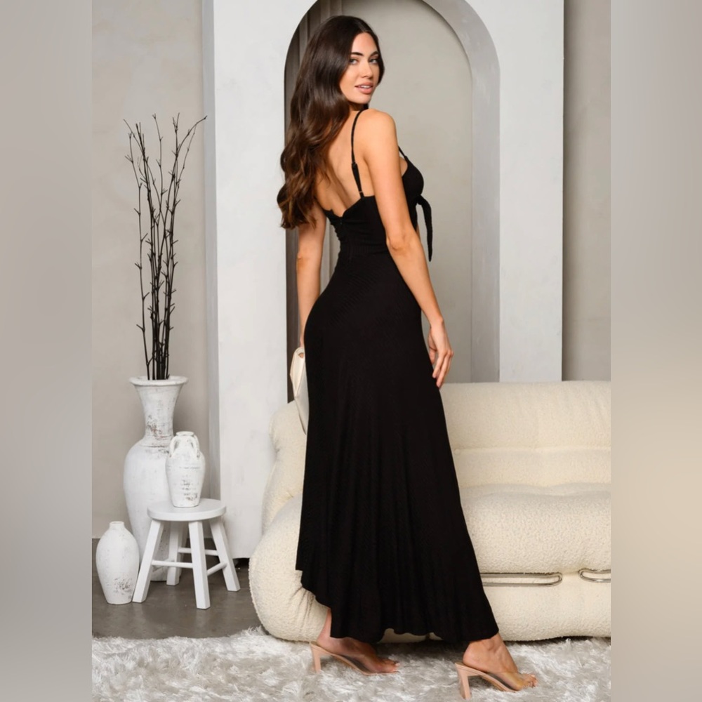 FRONT TIE BODYCON FRONT SLIT MIDI DRESS - Picture 3 of 3